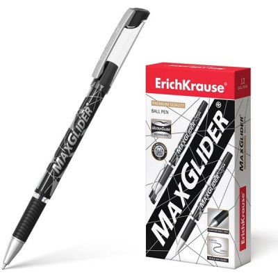 Ручка шариковая 0,7 мм черная ErichKrause MaxGlider Ultra Glide гибридный ПУ, каучуковая вставка, круглый фольгированный корпус, длина письма 1000 м