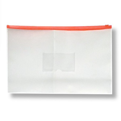 Папка на гибкой молнии zip А4 150 мкм Бюрократ, карман д/визитки, прозрачная с красным