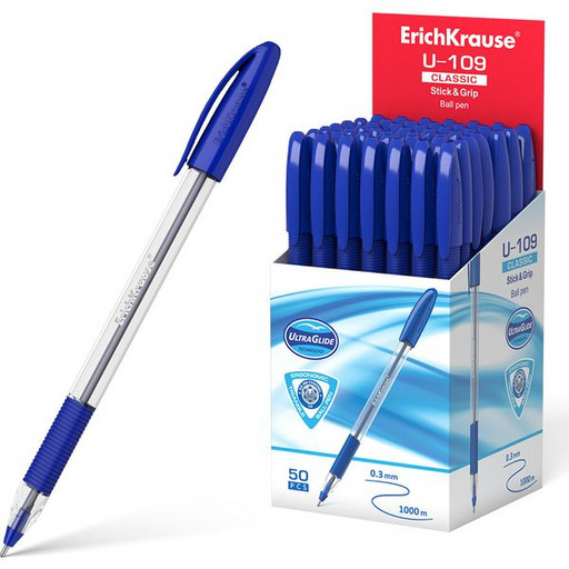 Ручка шариковая 1,0 мм синяя ErichKrause U-109 Classic Stick&Grip Ultra Glide, одноразовая, каучуковая вставка, прозрачный корпус, длина письма 1000 м