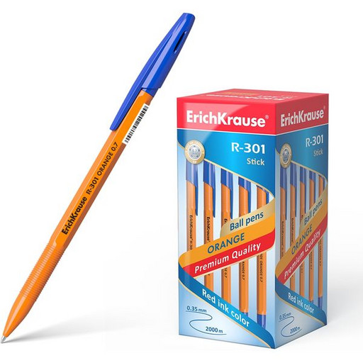 Ручка шариковая 0,7 мм синяя ErichKrause R-301 Orange Stick, оранжевый шестигранный корпус