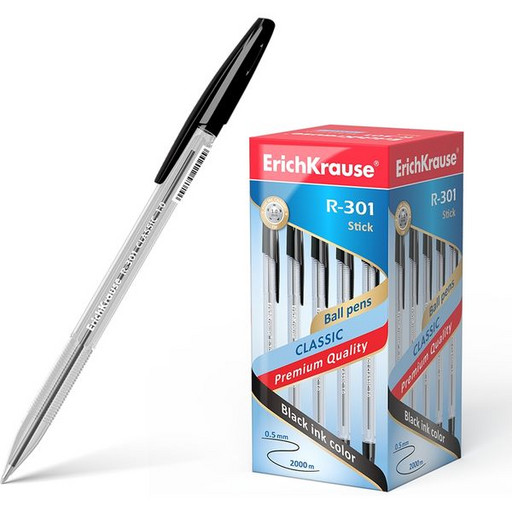 Ручка шариковая 1,0 мм черная ErichKrause R-301 Classic Stick, прозрачный корпус (со штрихкодом)