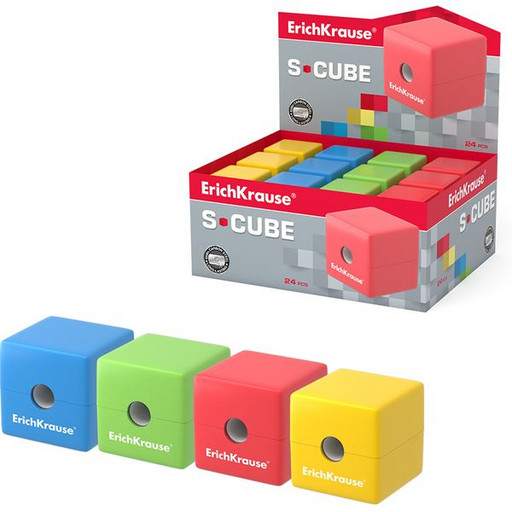Точилка пластиковая ErichKrause S-Cube, 1 отверстие, с контейнером, 4 цвета ассорти