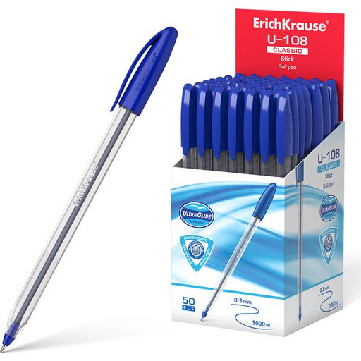 Ручка шариковая 1,0 мм синяя ErichKrause U-108 Classic Stick, игольчатый ПУ, Ultra Glide, прозр. корпус