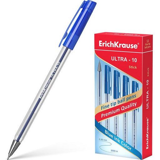 Ручка шариковая 0,7 мм синяя ErichKrause ULTRA-10, игольчатый ПУ, метал. наконечник, прозрач. корпус