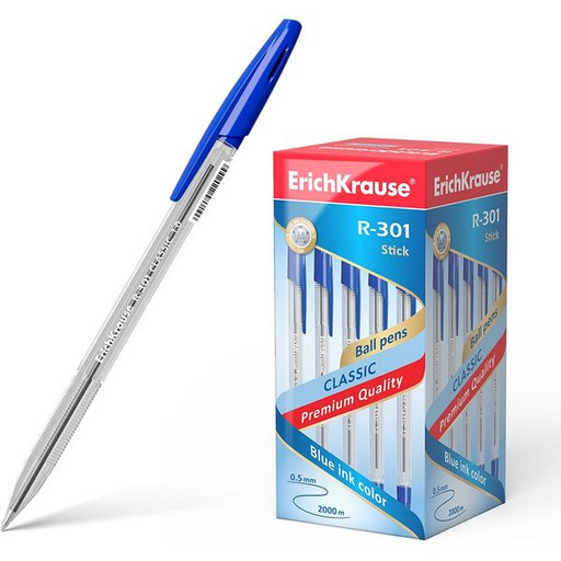 Ручка шариковая 1,0 мм синяя ErichKrause R-301 Classic Stick, прозрачный корпус (со штрихкодом)