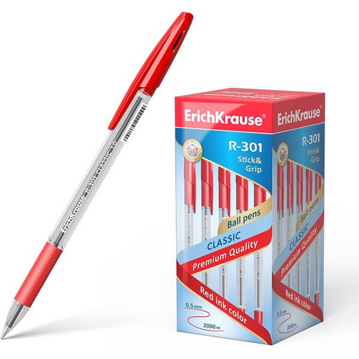 Ручка шариковая 1,0 мм красная ErichKrause R-301 Classic Stick&Grip, прозрач. корпус, кауч. грип