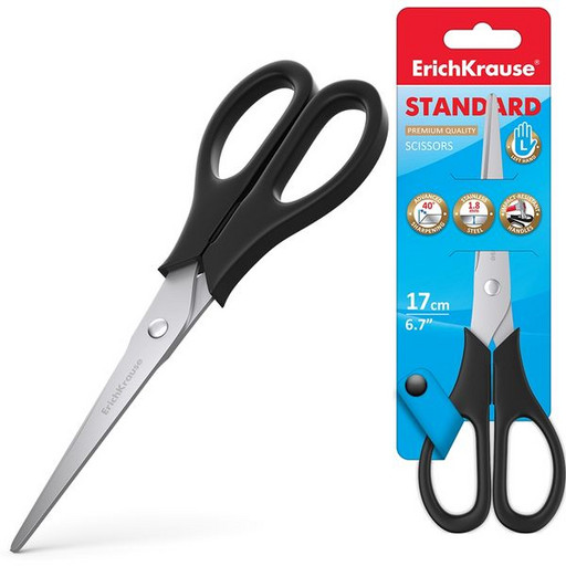 Ножницы для левшей 17 см ErichKrause Standard, пластиковые симметричные ручки, черные