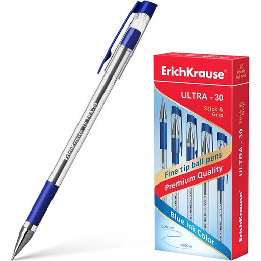 Ручка шариковая 0,7 мм синяя ErichKrause ULTRA-30, игольчатый ПУ, метал. наконечник, каучук. вставка