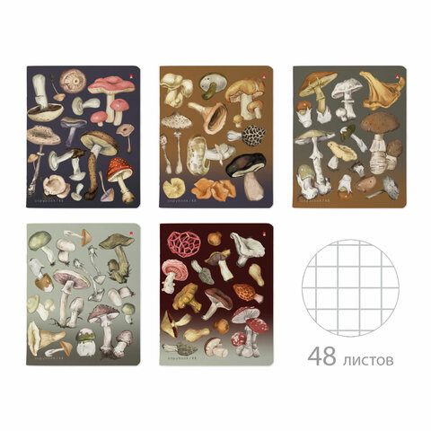 Тетрадь А5, 48 л., АЛЬТ скоба, клетка, матовая ламинация, "Грибная феерия" (5 видов), 7-48-1325