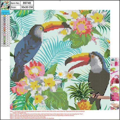 Алмазная живопись 30*30 см, холст, без подрамника, частич. заполн., Centrum 5D_Туканы