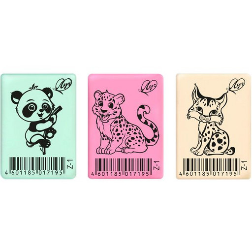 Ластик ЛУЧ Zoo Z1, TPR, прямоугольный, 35*25*8 мм, пастельный, 3 дизайна