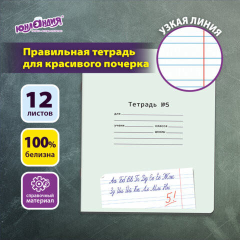 Тетрадь УЧУСЬ ПИСАТЬ № 5 12 л. узкая линия, со справочным материалом, обложка картон, ЮНЛАНДИЯ, 404850