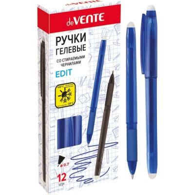 Ручка гелевая пиши-стирай 0,7 мм синяя deVENTE. Edit, каучук. грип, тониров. синий корпус, 2 ластика