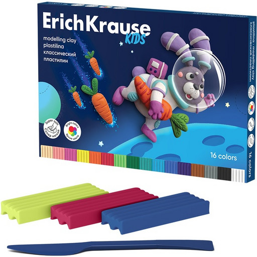 Пластилин классический ErichKrause Kids Space Animals, 16 цветов, 288 г, стек в комплекте, к/упак.*