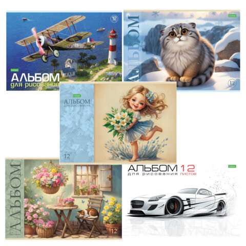 Альбом для рисования А4 12 л., скоба, обложка офсет, HATBER ECO, 205х290 мм, Ассорти (5 видов), 085250, 12А4C