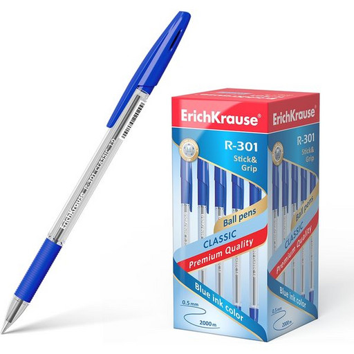 Ручка шариковая 1,0 мм синяя ErichKrause R-301 Classic Stick&Grip, прозрач. корпус, кауч. грип