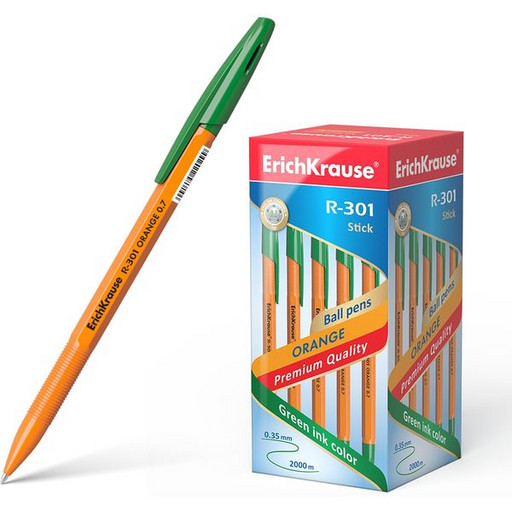 Ручка шариковая 0,7 мм зеленая ErichKrause R-301 Orange Stick, оранжевый шестигранный корпус