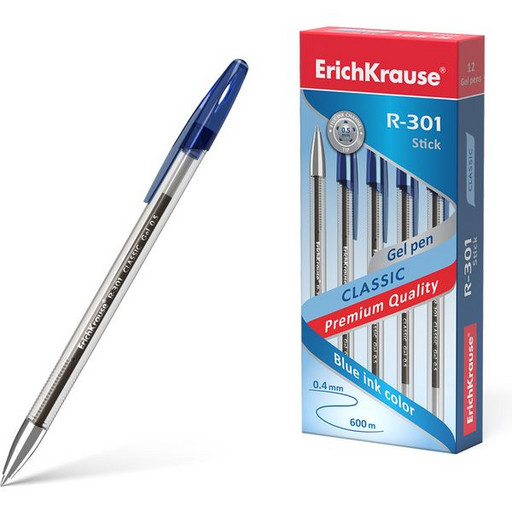Ручка гелевая 0,5 мм синяя ErichKrause Classic Gel Stick, прозр. корпус, метал. наконечник