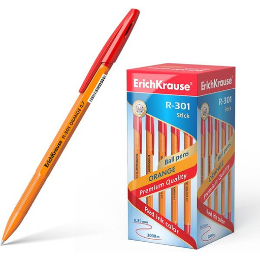 Ручка шариковая 0,7 мм красная ErichKrause R-301 Orange Stick, оранжевый шестигранный корпус