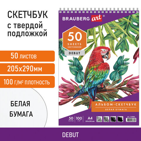 Скетчбук, белая бумага 100 г/м2, 205х290 мм, 50 л., гребень, жёсткая подложка, BRAUBERG ART DEBUT, 110983