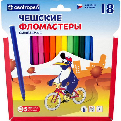 Фломастеры 18 цветов Centropen Пингвины, смываемые, вентилируемый колпачок, карт. упаковка