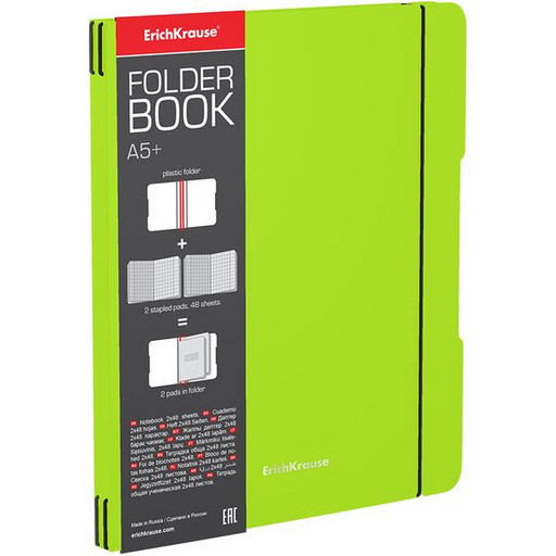 Тетрадь в съемной пластиковой обложке А5+ 2*48 л., клетка, ErichKrause FolderBook Neon, зеленая