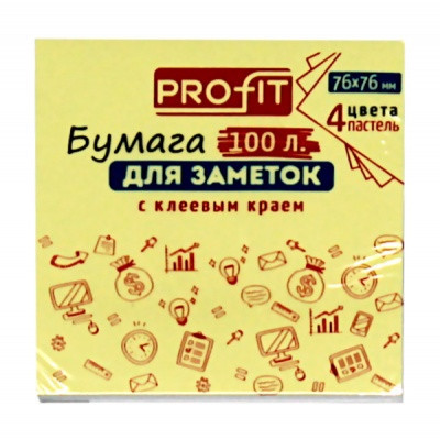 Бумага для заметок с клеевым краем, 76*76 мм, 100 л., 4 пастельных цвета, Profit