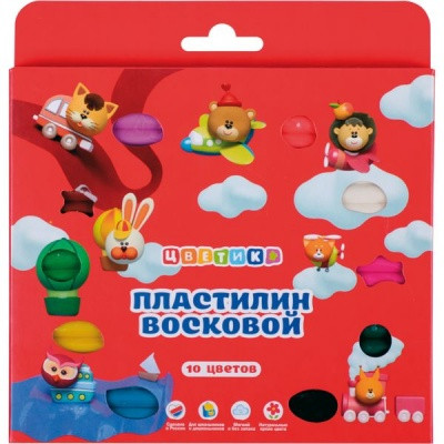 Пластилин восковой ЦВЕТИК, 10 цветов, 150 г, стек в комплекте, к/уп.