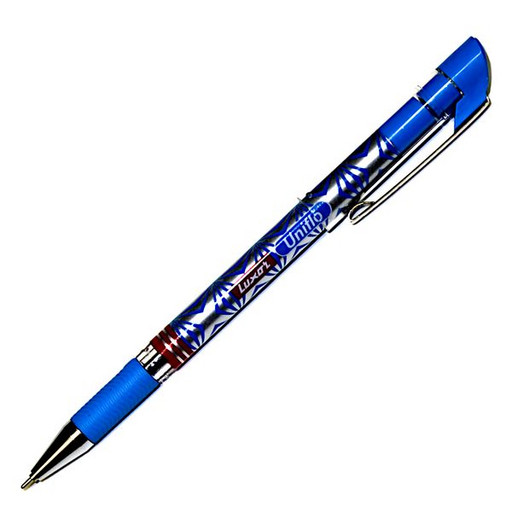 Ручка шариковая 0,7 мм синяя Luxor Uniflo, резиновый грип, метал наконечник, корпус с принтом