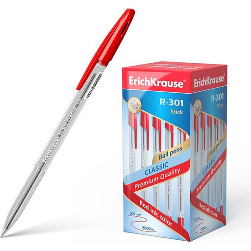 Ручка шариковая 1,0 мм красная ErichKrause R-301 Classic Stick, прозрачный корпус (со штрихкодом)