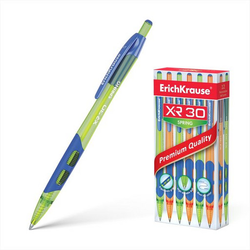 Ручка шариковая автоматическая 0,7 мм синяя ErichKrause XR-30 Spring полупрозрачный корпус, каучуковая вставка, длина письма 1000 м, неон.цв.