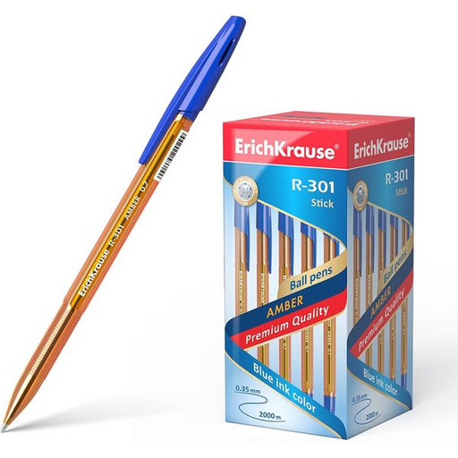 Ручка шариковая 0,7 мм синяя ErichKrause R-301 Amber, полупрозрачный оранжевый корпус