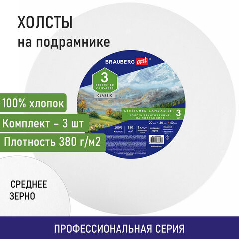 Холсты на подрамнике 3 шт., круглые 20, 30, 40 см, грунтованные, 380 г/м2, 100% хлопок, BRAUBERG ART, 192330