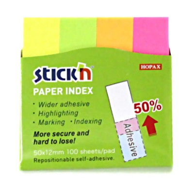 Закладки бумажные с клеевым краем, 12*50 мм, 4*100 л., 4 цвета неон, в к/к, Stick'n Hopax