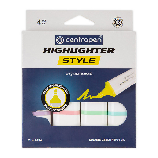 "Centropen" Набор текстовыделителей HIGHLIGHTER STYLE 6252/4 KK-4 1-4 мм 4 цв. СК/Распродажа перо скошенное SOFT(pastel)