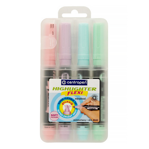 "Centropen" Набор текстовыделителей HIGHLIGHTER FLEXI - (super-flexible tip) 4 цв. 1-5 мм 4 цв. СК/Распродажа перо скошенное 8542/4 SOFT 4 цв.