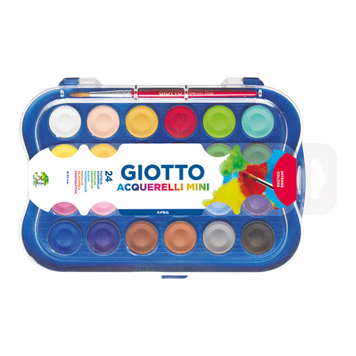 Краска акварель "Giotto" Сухая высокопигментированная акварель в таблетках мини формат d=23 мм, с кистью 24 цв. F352600 с кистью