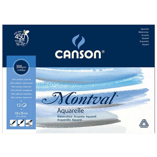 "Canson" Альбом для акварели "Мontval" 100% целлюлоза 300 г/м2 18 х 25 см склейка с одной стороны 12 л. C200807317 мелкозернистая