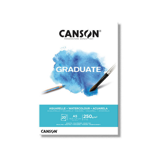 "Canson" Альбом для акварели "Graduate" 100% целлюлоза 250 г/м2 A5 14.8 х 21 см склейка с одной стороны 20 л. C400110373 мелкозернистая