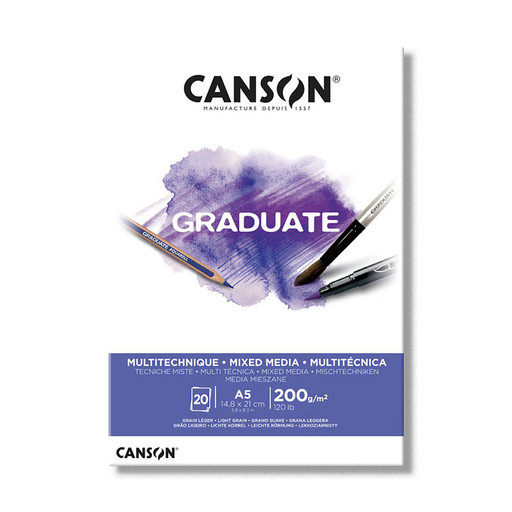 "Canson" Альбом для смешанных техник "Graduate Mix Media" 200 г/м2 A5 14.8 х 21 см склейка с одной стороны 20 л. C400110376 Белый