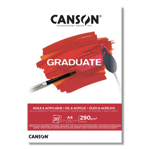 "Canson" Альбом для акрила и масла "Graduate" 290 г/м2 A4 21 х 27.9 см склейка с одной стороны в полиэтиленовой пленке 20 л. C400110380