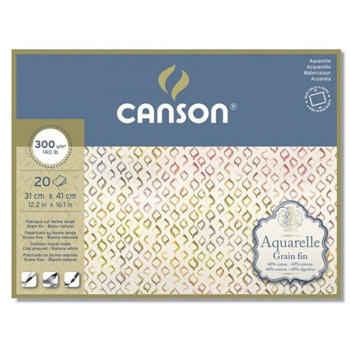 "Canson" Блок для акварели AQUARELL CP Fine 60% хлопок, 40% целлюлоза 300 г/м2 A3 41 х 31 см склейка с четырех сторон 20 л. C400106440 мелкозернистая
