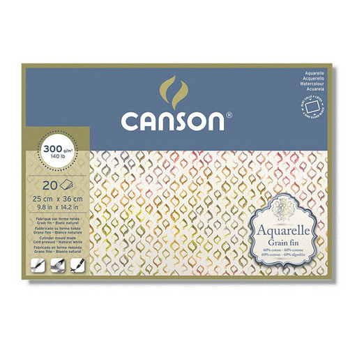 "Canson" Блок для акварели AQUARELL CP Torchon 60% хлопок, 40% целлюлоза 300 г/м2 A4+ 36 х 25 см склейка с четырех сторон 20 л. C400106443 крупнозернистая