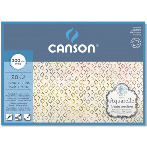 "Canson" Блок для акварели AQUARELL CP Torchon 60% хлопок, 40% целлюлоза 300 г/м2 A3+ 50 х 36 см склейка с четырех сторон 20 л. C400106445 крупнозернистая