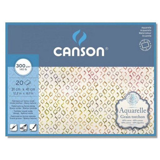 "Canson" Блок для акварели AQUARELL CP Torchon 60% хлопок, 40% целлюлоза 300 г/м2 A3 41 х 31 см склейка с четырех сторон 20 л. C400106444 крупнозернистая