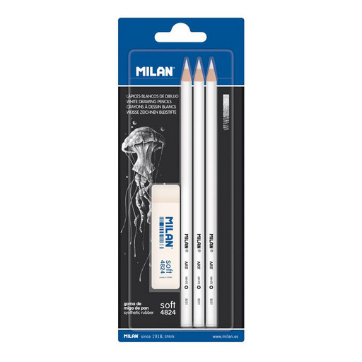"Milan" Набор 3 белых карандаша для рисования + ластик 4824 BYM10494 заточенный 1 цв. 4 пред. 1 шт BYM10494