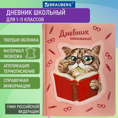 Дневник 1-11 класс 48 л., кожзам (твердая с поролоном), тиснение, аппликация, BRAUBERG, "Smart Cat", 106206