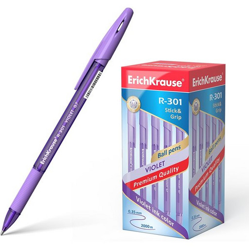 Ручка шариковая 0,7 мм фиолетовая ErichKrause R-301 Violet Stick&Grip, тонированный фиолет. корпус
