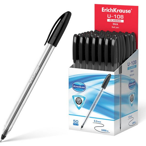 Ручка шариковая черная, 1.0 мм, узел-игла, грип, ErichKrause U-108 Stick Classic