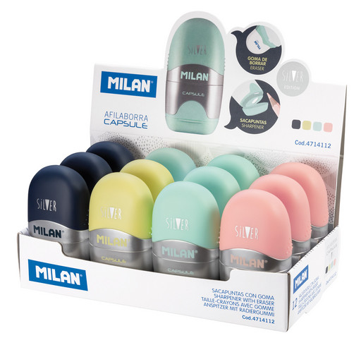 "Milan" Ластик-точилка Capsule Silver 1 отверстие 12 шт. СК/Распродажа 4714112 ассорти